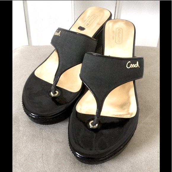 Vintage Coach Platform Wedge Shoes: Black & Gold, Genuine Retro, Thongs, Sz. 7.5 - Picture 3 of 6